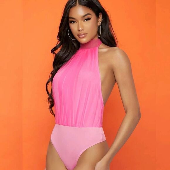 Barbiecore Ballet Pink Mock Neck Bow Tie Backless Mesh Sleeveless Bodysuit - Picture 7 of 13